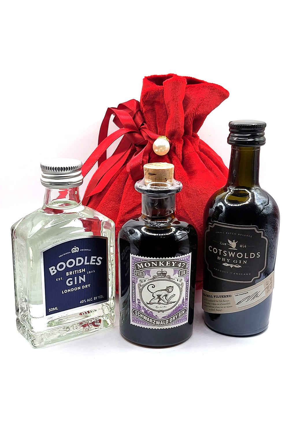 Gin Trio Miniature In a Red Velvet Bag ( Monkey 47, Boodles ,Cotswolds )