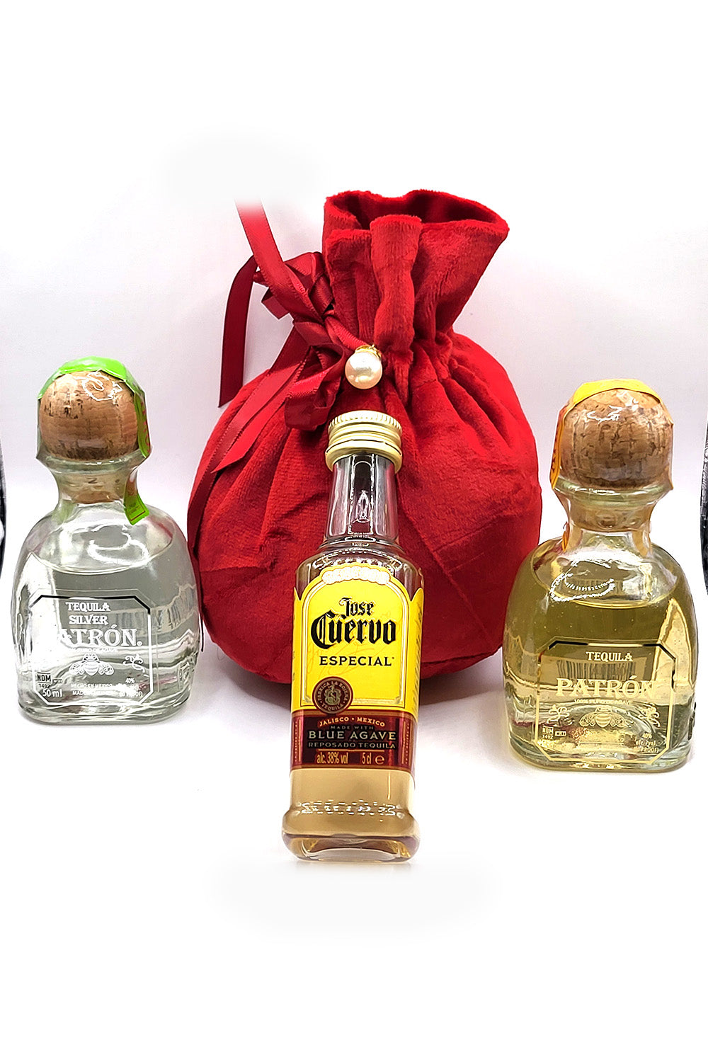 Tequila Miniature Trio In Red Velvet Bag ( Patron Anejo, Patron Silver, Jose Cuervo )
