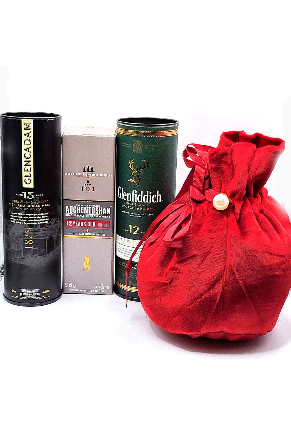 Whiskey Miniature Trio in Red Velvet Bag ( Glenfiddich 12YO,Glencadam 15YO,Auchentoshan 12YO )