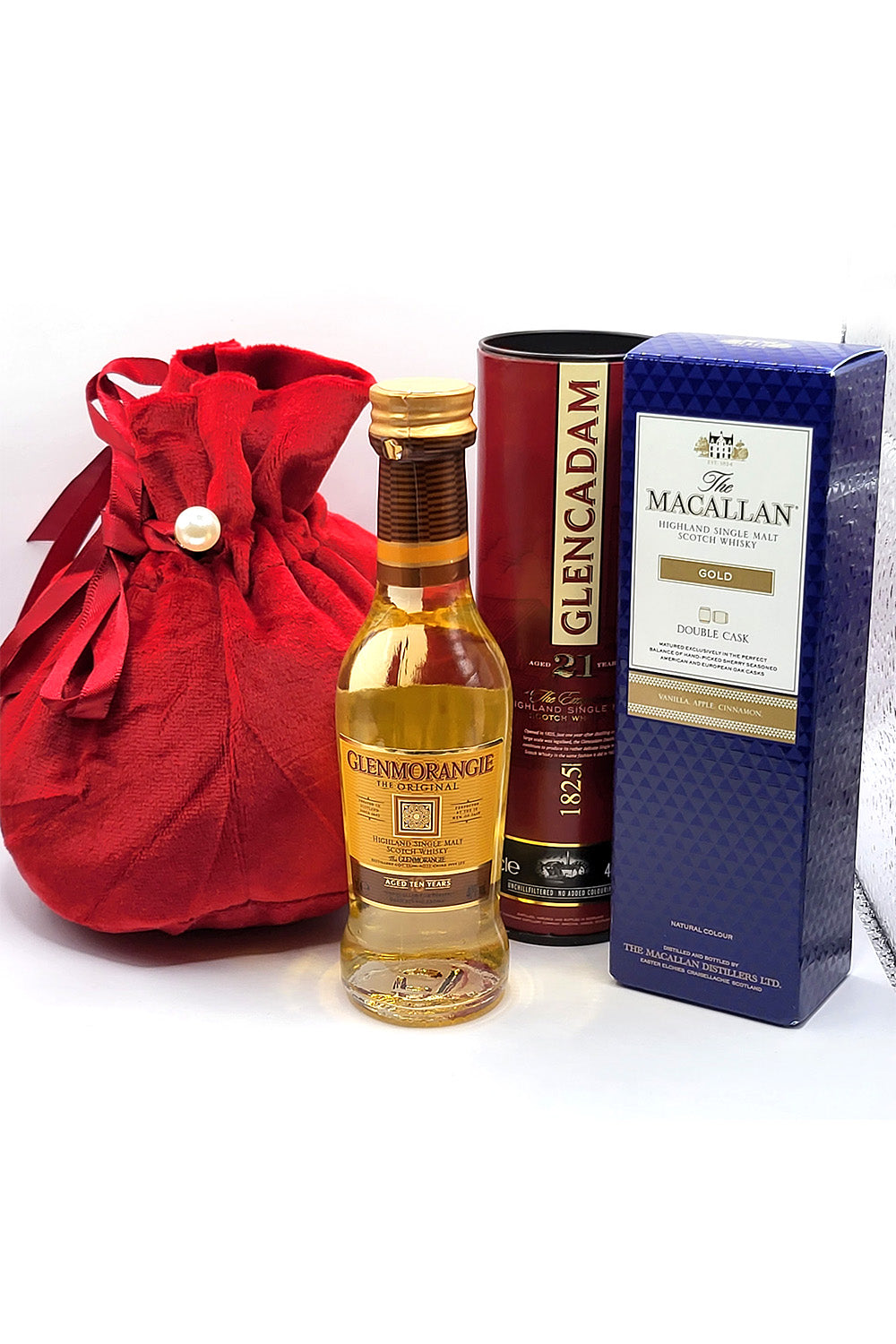 Whisky Miniature Set In Red Velvet Bag (Glenmorangie, Glencadam, Macallan )