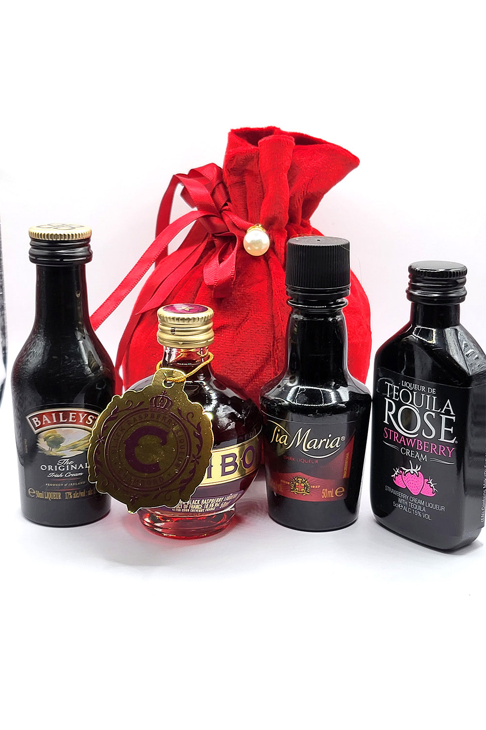 Pack of 4 Liqueur In Red Velvet Bag ( Tia Maria, Baileys, Chambord, Tequila Rose )